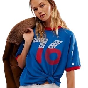 Free People Ragabond Lost & Found 76 Ringer Tee Graphic Americana Blue Small NWT